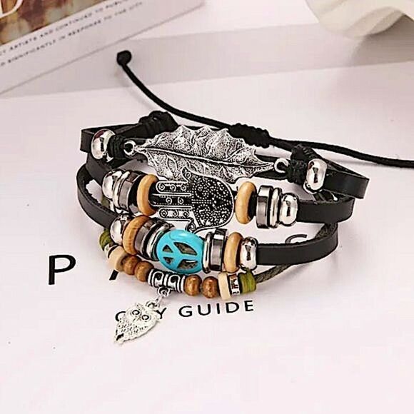 Rustic Festival Statement Bracelet Hand of Fatima, Owl & Leaf Charm Jewelry - Picture 4 of 5